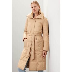 Ellen Tracy Cozy Pillow Beige Belted Long Winter Puffer Coat Size Medium